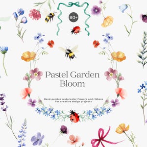 Op de afbeelding: Waterverfillustraties van bloemen, linten, bijen en lieveheersbeestjes. De tekst "Pastel Garden Bloom" staat in het midden. De afbeelding bevat de tekst "Handgeschilderde aquarelbloemen en linten voor creatieve designprojecten."