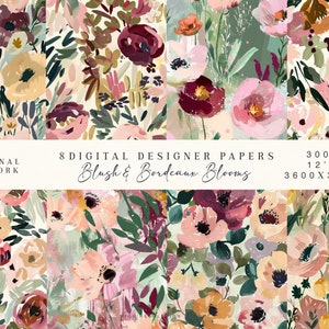 8 padrões florais sem costura blush cor de vinho - flores abstratas quentes - padrões de flores de verão formais - padrões de fundo floral sem costura jpeg