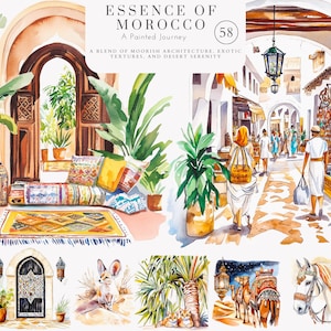 May include: A watercolor painting depicting scenes from Morocco. The painting features a courtyard with a doorway, a bustling marketplace, and a desert landscape with camels. The painting is titled "Essence of Morocco: A Painted Journey" and includes the number 58.