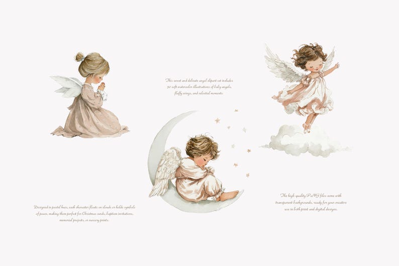May include: Watercolor illustrations of baby angels with delicate wings and soft clothing. One angel kneels in prayer, another sits on a crescent moon, and a third floats on a cloud. Text reads: "This sweet and delicate angel clipart set includes..."