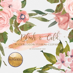blozen bloemen clipart - gouden bladeren clipart - aquarel bruiloft bloemen clipart roze rozen clipart - roze boeket - romantische bloemen