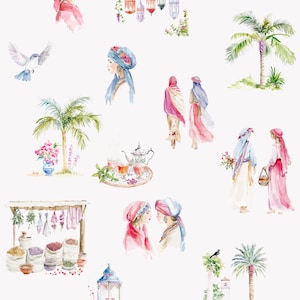 May include: Watercolor clipart collection featuring Moroccan architecture, rugs, and nature. The image includes illustrations of women in traditional attire, palm trees, lanterns, doves, and a tea set. The color palette is soft, with pinks, blues, and greens.