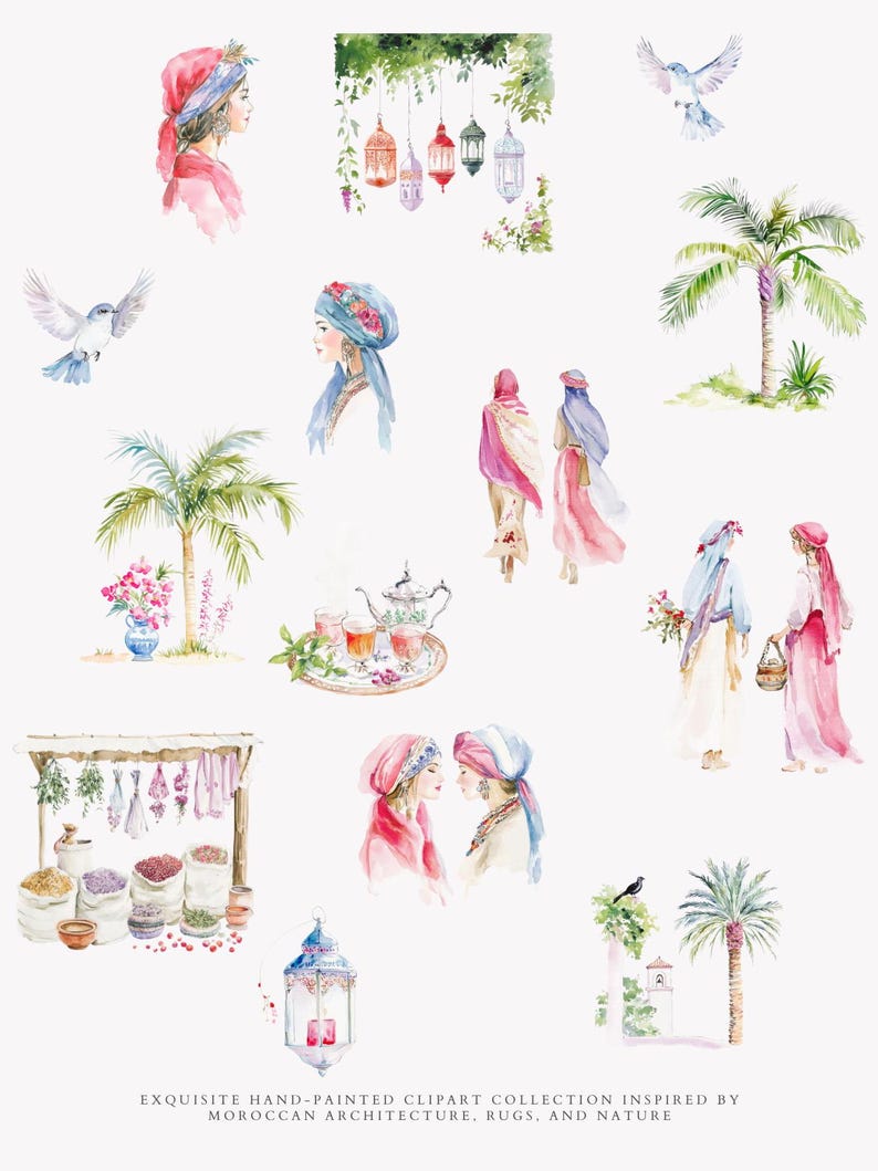 May include: Watercolor clipart collection featuring Moroccan architecture, rugs, and nature. The image includes illustrations of women in traditional attire, palm trees, lanterns, doves, and a tea set. The color palette is soft, with pinks, blues, and greens.