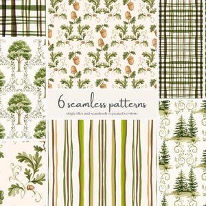 Può includere: Una collezione di 6 motivi senza cuciture con illustrazioni di querce, pini, ghiande, tartan verde, strisce verticali e motivi botanici in tonalità di verde, marrone e crema. Il testo 6 seamless patterns è centrato.