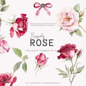 Diseño floral - Rosa burdeos - Gráficos de boda - Descarga digital - Ramo de flores coqueto - Flores vintage - Arte floral - Flor de nacimiento