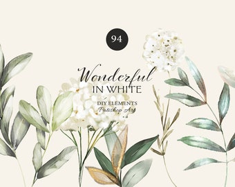 watercolor greenery clipart - white hydrangea clipart - hydrangea flowers floral DIY elements - wedding clipart - golden leaves clipart png