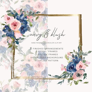 aquarel bloemen clipart - marineblauwe bloemen clipart - roze bloemen boeket clipart - indigo bloemen naadloze patroon - gouden frames png