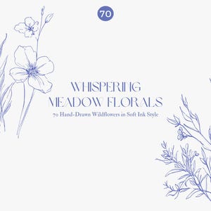 Puede incluir: Ilustraci&oacute;n digital con delicadas flores azules dibujadas a l&iacute;nea sobre fondo blanco. El texto dice "Whispering Meadow Florals" y "70 flores silvestres dibujadas a mano en estilo de tinta suave".