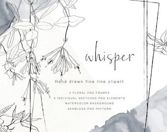 Hand Drawn Fine Line Clipart, Wild Flower Clipart, Separate Elements, Frames, Watercolor Background, Pencil Sketches, Wildflower Clipart