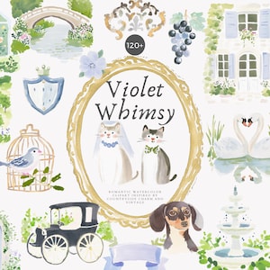 水彩画のクリップアート - コテージコアのイラスト - 結婚式の要素 - ヴィンテージガーデン - 動物のクリップアート - 花束 - パステルグラフィックPNG