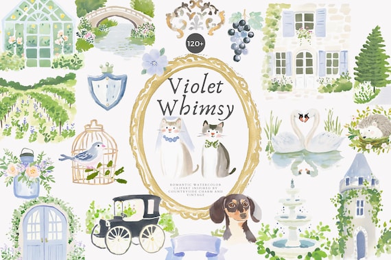 watercolor cottagecore clipart png, vintage garden floral bundle with wedding elements, pastel animal illustrations and rustic graphics set