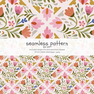 May include: A seamless floral pattern featuring pink and orange flowers with green leaves and accents of blue and gold on a cream background. The text "seamless pattern" is displayed in the image. The pattern is designed for a 12"x12" repeat.