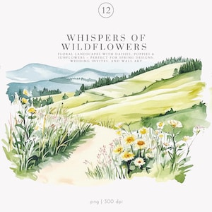 May include: Watercolor illustration of a landscape with rolling hills, green trees, and a path leading through a field of wildflowers. The flowers are white, yellow, and pink. The text "WHISPERS OF WILDFLOWERS" is written in black at the top of the image.