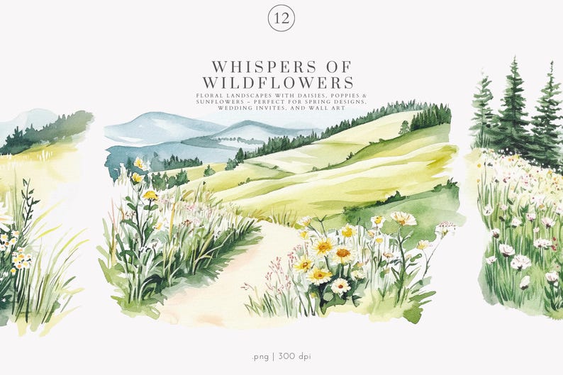 May include: Watercolor illustration of a landscape with rolling hills, green trees, and a path leading through a field of wildflowers. The flowers are white, yellow, and pink. The text "WHISPERS OF WILDFLOWERS" is written in black at the top of the image.