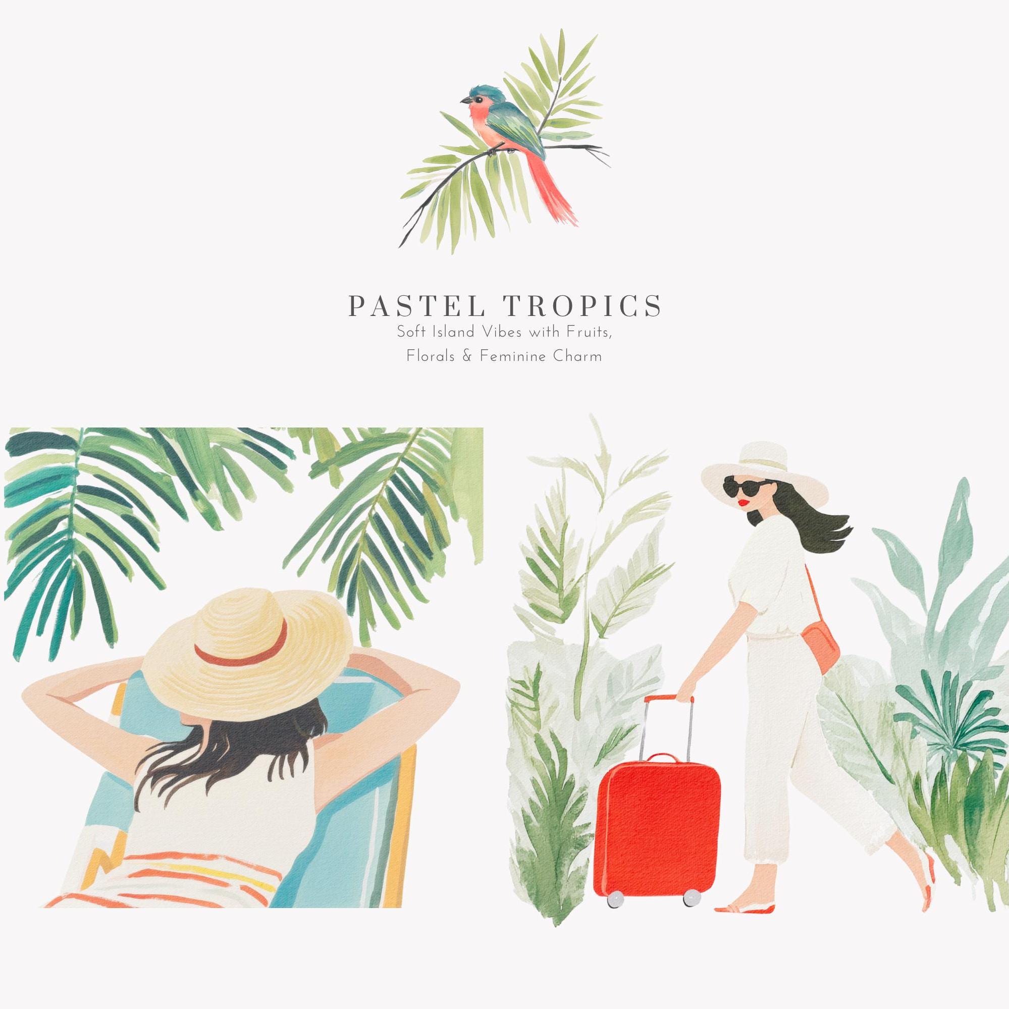 Tropical Summer Vacation Watercolor Clipart Png, Beach Girls Palm Trees ...