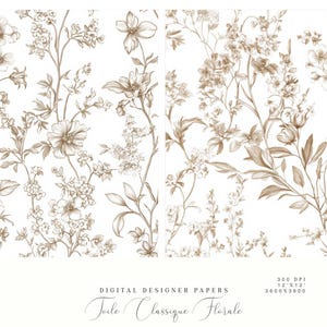 May include: Four seamless digital paper patterns featuring a delicate floral design in shades of brown on a white background. The patterns are perfect for creating invitations, cards, and other paper crafts.