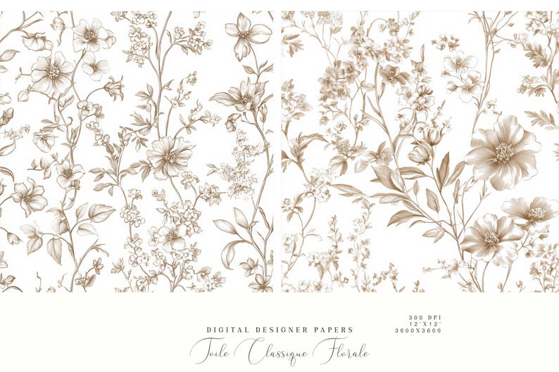 May include: Four seamless digital paper patterns featuring a delicate floral design in shades of brown on a white background. The patterns are perfect for creating invitations, cards, and other paper crafts.