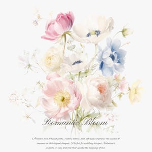 May include: A watercolor painting of a bouquet of pink, white, and blue flowers. The flowers are arranged in a loose, romantic style. The text "Romantic Bloom" is written in cursive at the bottom of the image.