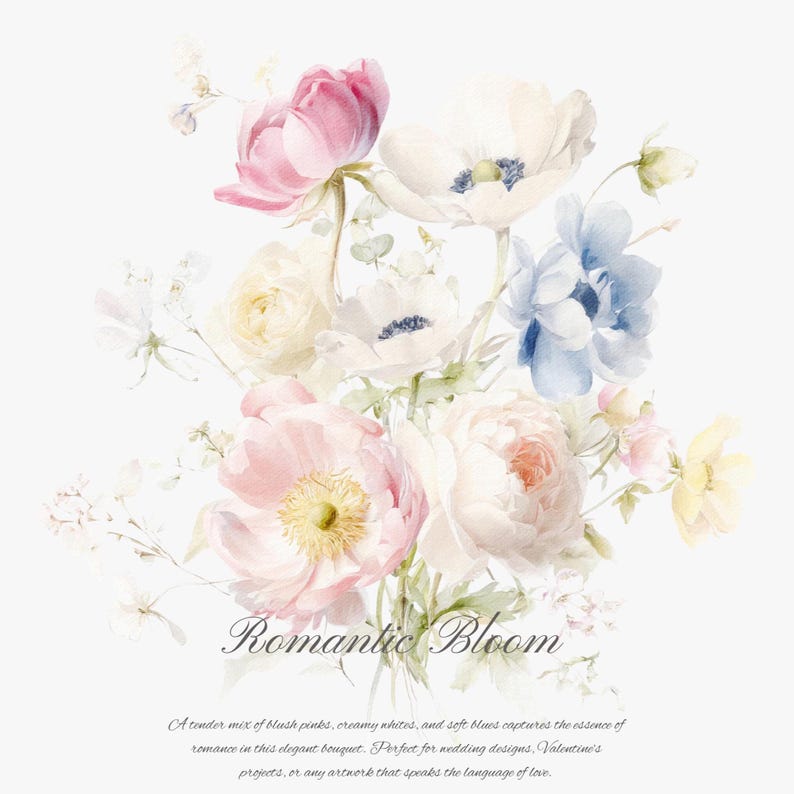May include: A watercolor painting of a bouquet of pink, white, and blue flowers. The flowers are arranged in a loose, romantic style. The text "Romantic Bloom" is written in cursive at the bottom of the image.