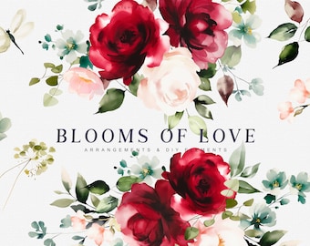 red rose clipart png, romantic watercolor roses bouquet, deep red wedding flowers, vintage floral clipart, valentine blossoms, digital png