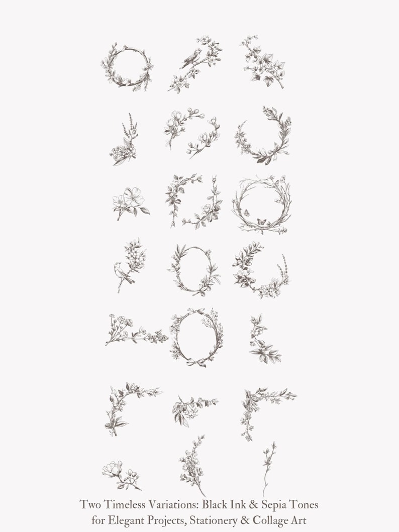 Puede incluir: Un conjunto de 18 coronas y dise&ntilde;os de esquina florales en blanco y negro. Las coronas est&aacute;n hechas de ramas y hojas delicadas con peque&ntilde;as flores. Los dise&ntilde;os de esquina est&aacute;n hechos de ramas y hojas similares.