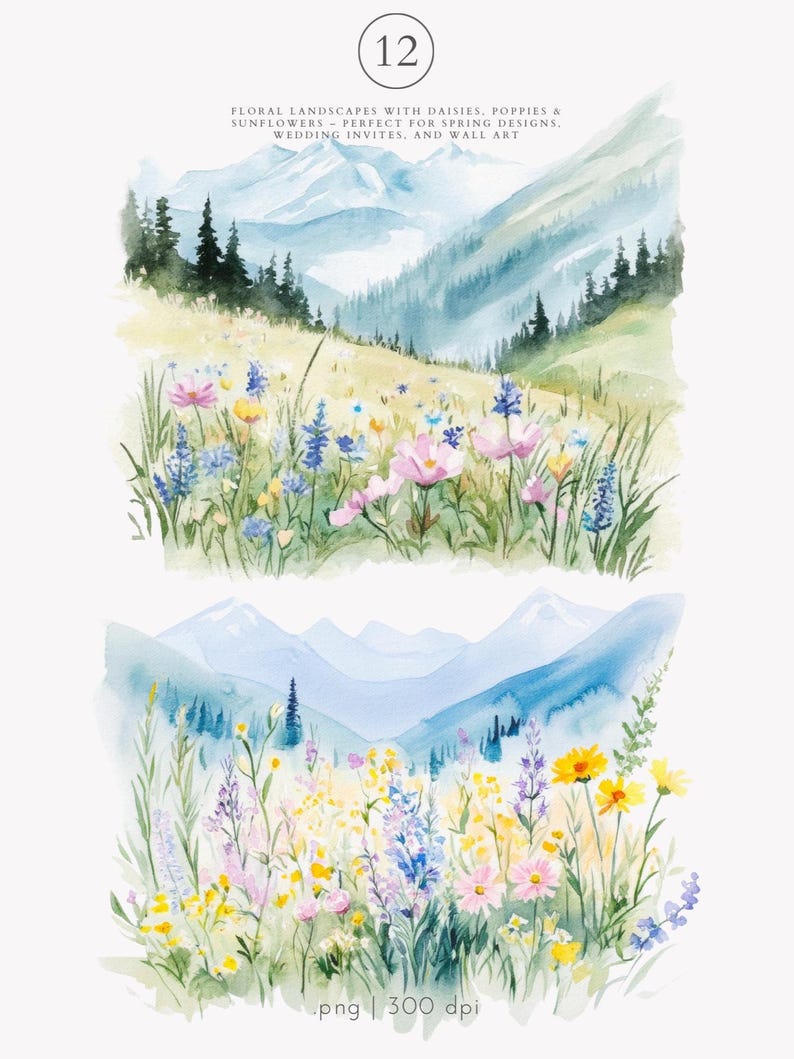 May include: Two watercolor illustrations of mountain landscapes with wildflowers. The top image features a mountain range with a forest in the foreground and a field of wildflowers in the foreground. The bottom image features a mountain range with a field of wildflowers in the foreground. Both images are in a soft, pastel color palette.