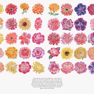 May include: Watercolor floral clipart featuring a variety of colorful flowers in shades of pink, red, yellow, orange, and purple. The flowers are arranged in a grid pattern, showcasing different shapes and sizes. Ideal for creative projects.