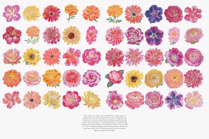 May include: Watercolor floral clipart featuring a variety of colorful flowers in shades of pink, red, yellow, orange, and purple. The flowers are arranged in a grid pattern, showcasing different shapes and sizes. Ideal for creative projects.