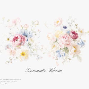 May include: A watercolor painting of two bouquets of pink, white, and blue flowers. The flowers are arranged in a loose, romantic style. The text "Romantic Bloom" is written below the bouquets.
