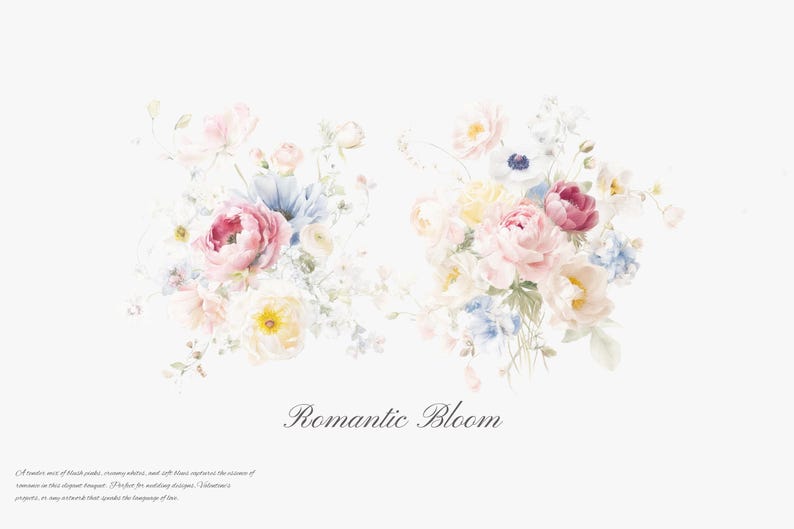 May include: A watercolor painting of two bouquets of pink, white, and blue flowers. The flowers are arranged in a loose, romantic style. The text "Romantic Bloom" is written below the bouquets.