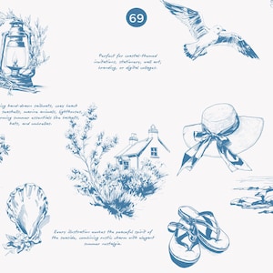 May include: A set of 69 hand-drawn illustrations in blue ink, featuring a lighthouse, a seashell, a lantern, a hat, a house, flip-flops, and a seagull. The illustrations are perfect for creating coastal-themed invitations, stationery, wall art, branding, or digital collages.