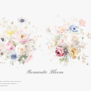 May include: A watercolor painting of two bouquets of flowers. The bouquets are made up of white, pink, yellow, and blue flowers. The text "Romantic Bloom" is written below the bouquets.