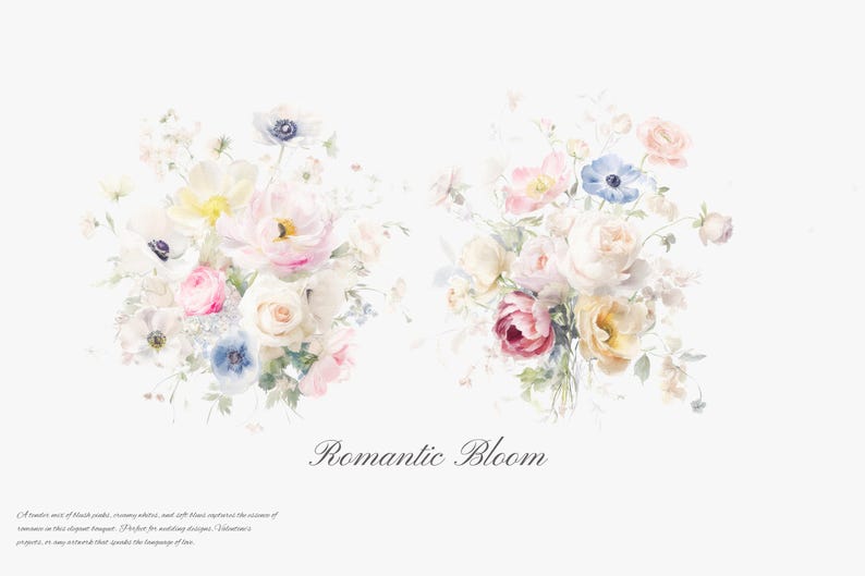May include: A watercolor painting of two bouquets of flowers. The bouquets are made up of white, pink, yellow, and blue flowers. The text "Romantic Bloom" is written below the bouquets.
