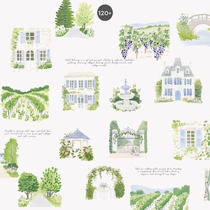 May include: Watercolor illustrations of French countryside scenes. The images include houses with blue shutters, vineyards, fountains, and garden gates. The color palette is soft, with greens, blues, and whites.