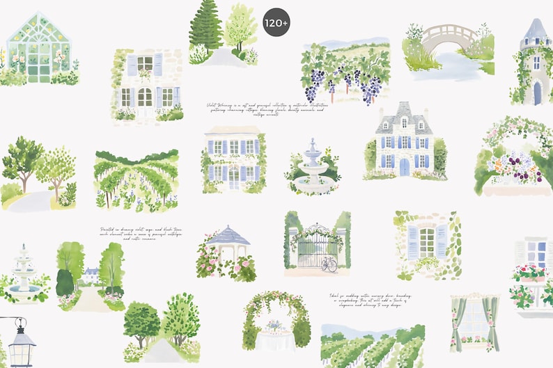 May include: Watercolor illustrations of French countryside scenes. The images include houses with blue shutters, vineyards, fountains, and garden gates. The color palette is soft, with greens, blues, and whites.