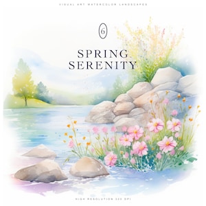 Peut inclure: Peinture à l'aquarelle d'un paysage printanier serein avec une rivière, des rochers et des fleurs roses. Le texte "Spring Serenity" est écrit au centre de l'image.