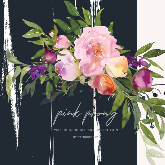 Pink Peony Clipart Watercolor Pink Burgundy Flowers Bouquet Seamless Pattern Floral Bouquets Brush Stroke Wedding Pink Peony