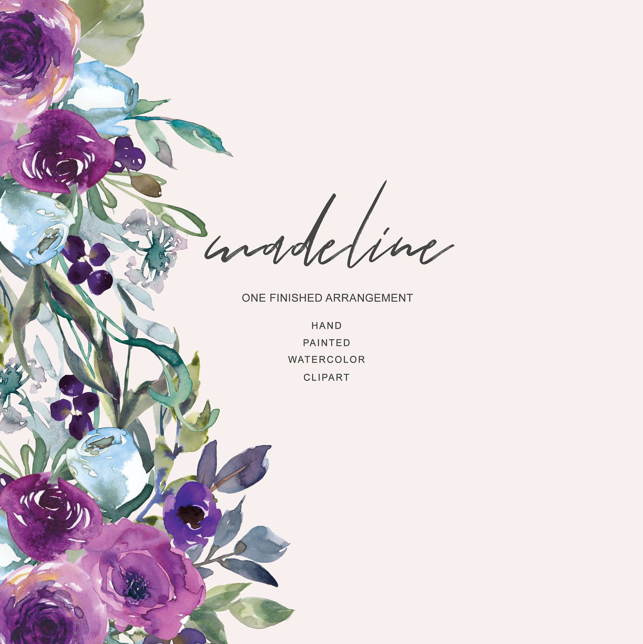 Madeline* Watercolor Purple and Light Blue Roses Clipart One Arrangem…