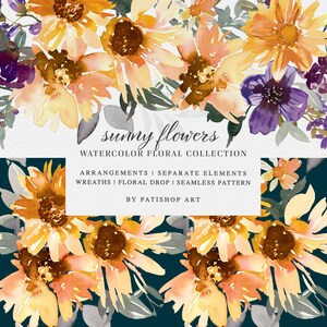 May include: Watercolor floral collection featuring sunny flowers in shades of yellow, orange, and purple. The image includes arrangements, separate elements, wreaths, floral drops, and a seamless pattern. Text reads "sunny flowers" and "watercolor floral collection".