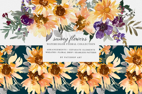 sunflower clipart - png illustration - watercolor florals - rustic bouquet - autumn flowers - purple sunflowers - dark background
