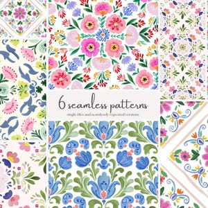 seamless floral pattern set, watercolor folk floral tiles, cottagecore surface design, hand painted floral repeat, fabric wallpaper pattern