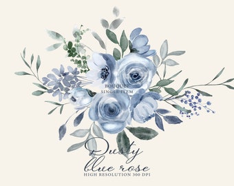 Bouquet de fleurs aquarelle bleu poussiéreux - composition florale aquarelle - clipart rose bleue - pivoine bleue - clipart mariage - décoration florale png