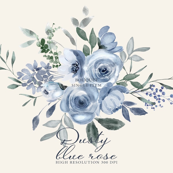 watercolor dusty blue floral bouquet - watercolor floral composition - blue rose clipart - blue peony - wedding clipart - floral decor png