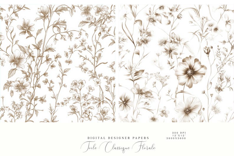 May include: Two digital paper designs featuring a brown and white floral pattern. The text "Toile Classique Florale" is at the bottom of the image.