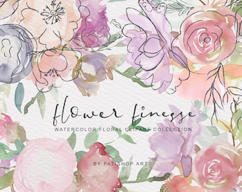 watercolor pastel flowers clipart - bouquets & seamless patterns - dusty pink flowers clipart - floral doodles - wedding clipart - sketched