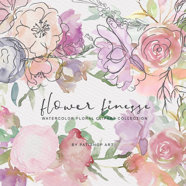 watercolor pastel flowers clipart - bouquets & seamless patterns - dusty pink flowers clipart - floral doodles - wedding clipart - sketched