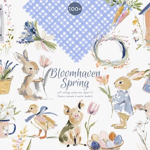 Op de afbeelding: Waterverfillustraties met lentethema's, waaronder konijnen, een lam, een varken en een eendje. De afbeelding toont bloemen, wortelen en een klein huisje, allemaal in zachte pastelkleuren. De tekst "Bloomhaven Spring" is ook aanwezig.