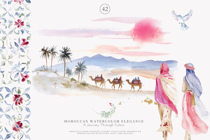May include: Watercolor illustration depicting a desert scene with camels, palm trees, and figures in traditional attire. The artwork features a pink sun, a flying bird, and the text "MOROCCAN WATERCOLOR ELEGANCE".