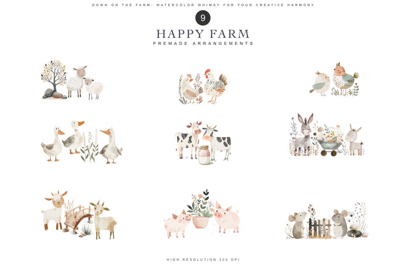 Bundle de cliparts aquarelle animaux de la ferme clipart chambre d'enfant oie png clipart souris mignonne clipart vaches mignonnes ensemble d'animaux de la ferme poulet image 8