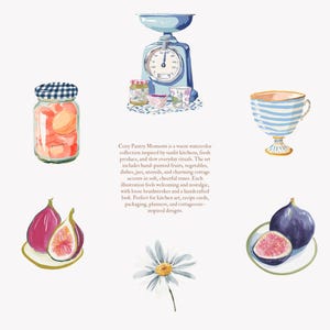 akvarell kök clipart set, mysiga skafferiillustrationer, element i stugkök, fruktburkar och fat, bondgårdskök i akvarell bild 2